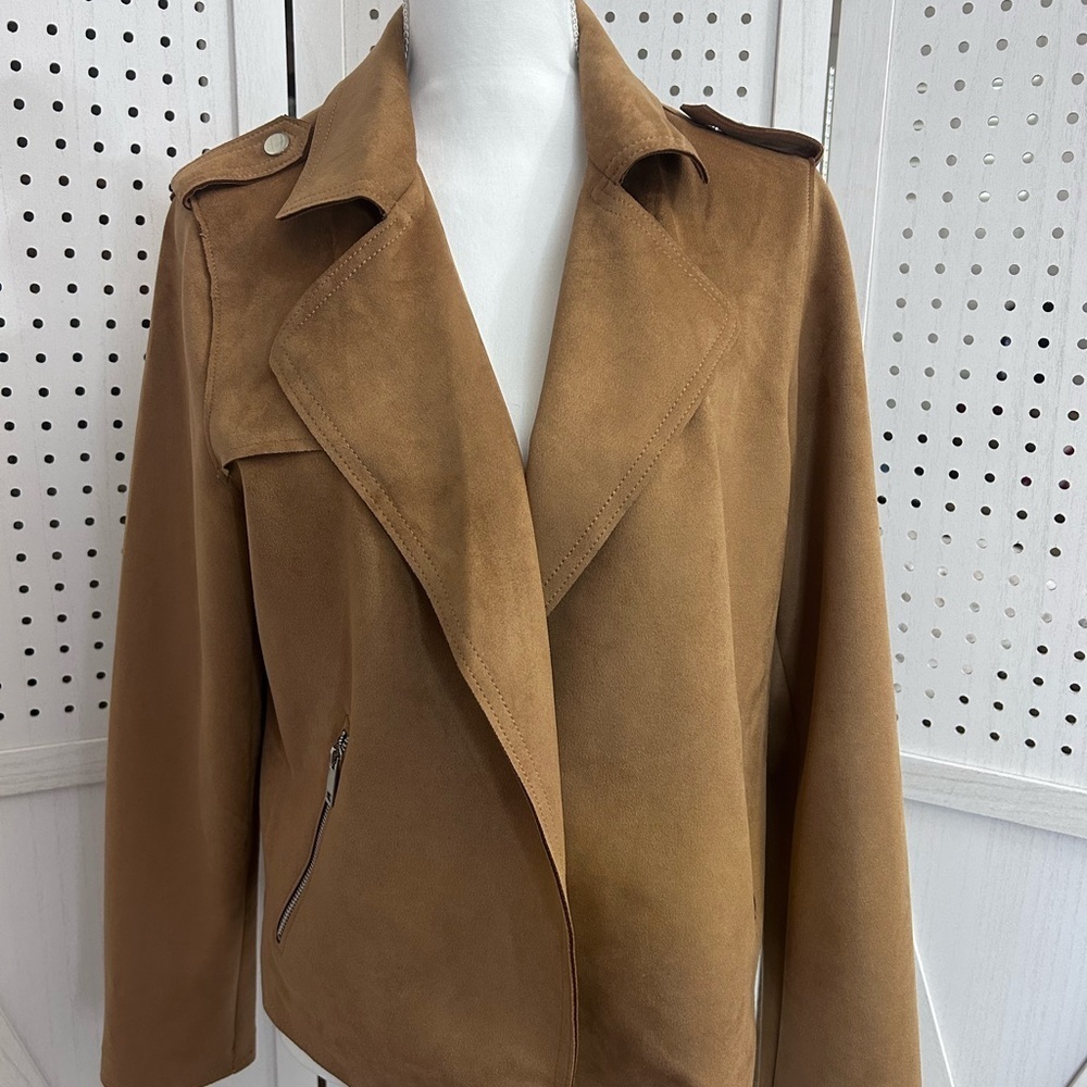T Tahari Jacket Womens Large Faux Suede Moto Zip Pockets Lightweight Minimalist